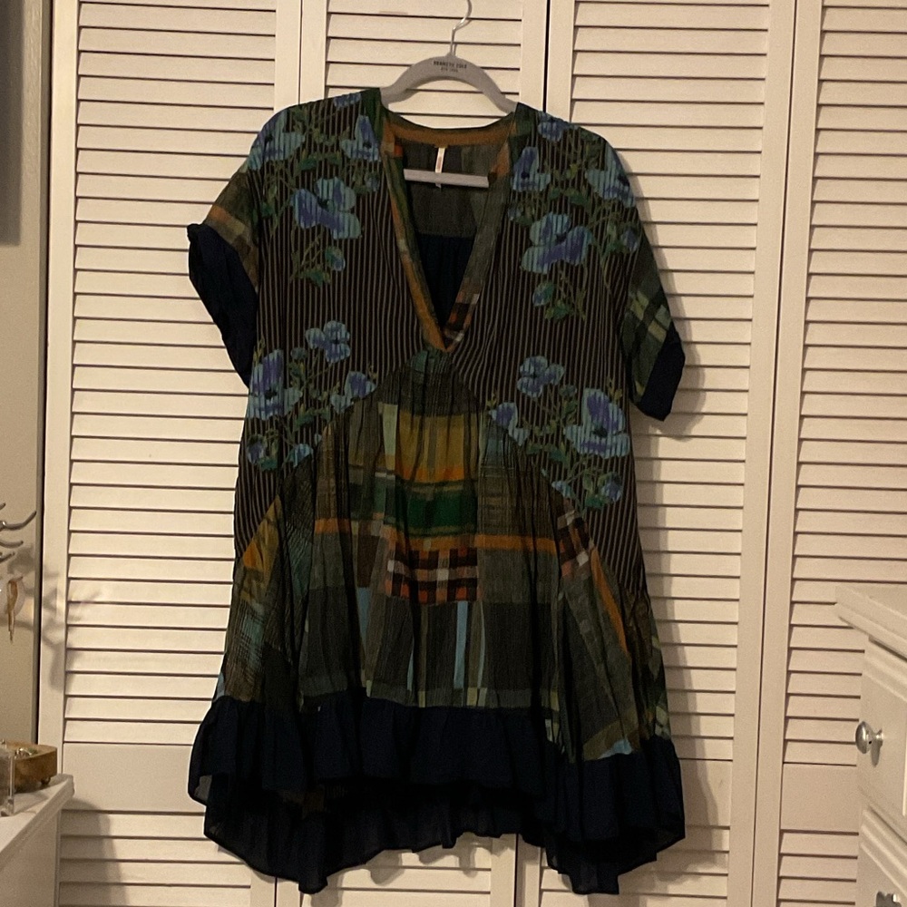 Free People Striped Floral Agnes Mini Dress - Blue and Green